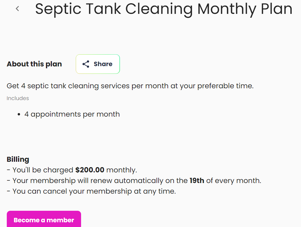 septics tank cleaning membership plan software
